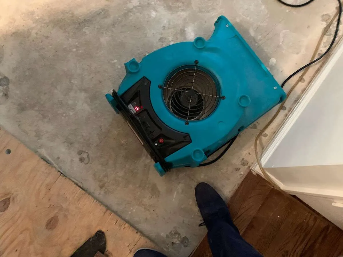 Air mover drying subfloor during Commercial Water Damage Restoration in Grafton